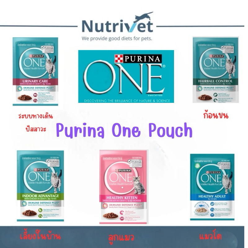 Purina One Pouch. เพียวริน่าวัน อาหารเปียกสำหรับลูกแมวและแมวโตตั้งแต่ 1 ปีขึ้นไป (แบ่งซอง)