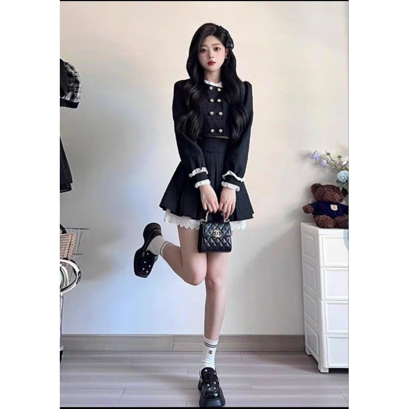 ชุดเซ็ททวีต เสื้อคลุมทวีต+กระโปรงทวีตสั้น งานไฮเอนด์
