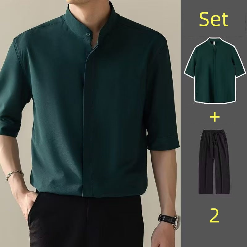 (SET)เสื้อเชิ้ตคอจีนสีพื้นแขนสั้น เสื้อเชิ้ตแขนสั้น ผู้ชาย เกาหลี มีของพร้อมส่ง เนื้อผ้านุ่ม ใส่สบาย ไม่ร้อน ไม่ต้องรีด