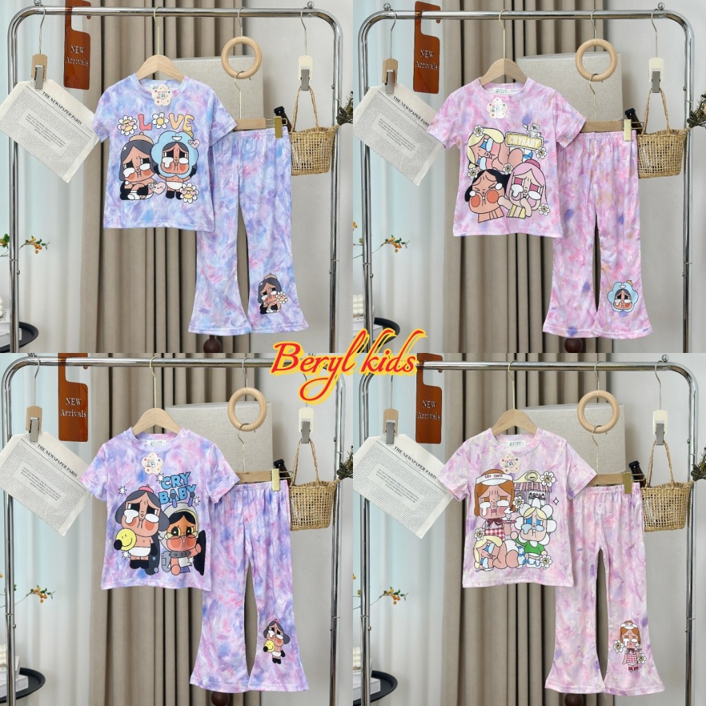 Beryl kids ชุดเซ็ตเด็กผู้หญิงแฟชั่น ชุดสูทลูกสาวสวยๆ เสื้อแขนสั้นลายน่ารักกางเกงขาม้า ลำลอง สองชิ้น สไตล์เกาหลี ฤดูร้อน