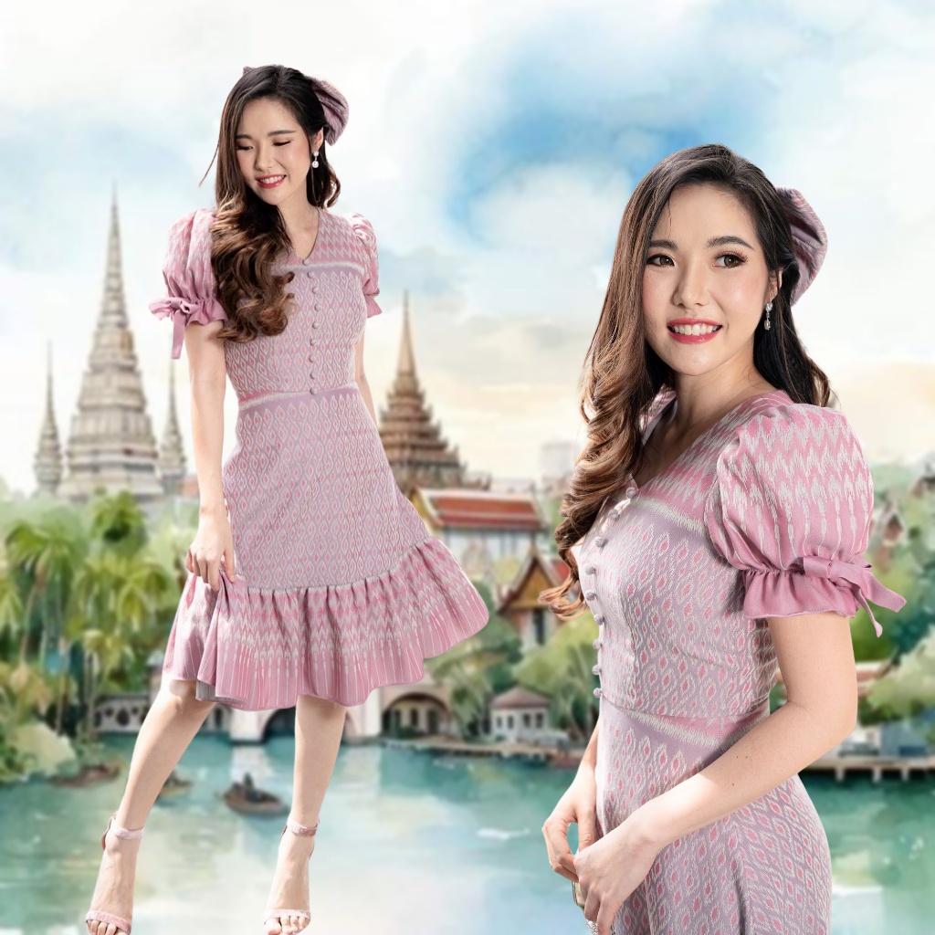 เดรสชุดไทย สีม่วงกลีบบัว ผ้าทอ เดรสแขนตุ๊กตา สตรี ชุดไทยประยุกต์ ชุดไทยเด็ก ชุดไทยครอบครัว Mudmee