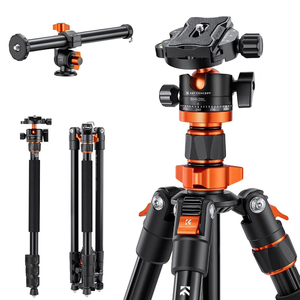 K&F CONCEPT O234A7+BH-28L ขาตั้งกล้องสามารถพับได้และติดตั้งแกนกลางสากล BH-28L ใหม่ หัวแรงโน้มถ่วงต่ำ