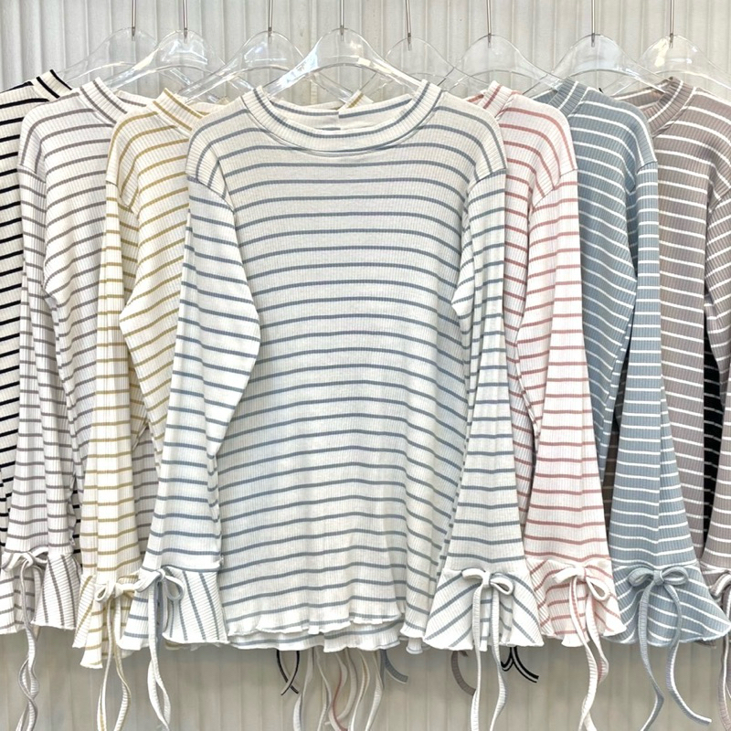 เสื้อแขนยาวผ้ายืดCottonแขนแต่งโบว์ฟรีไซส์