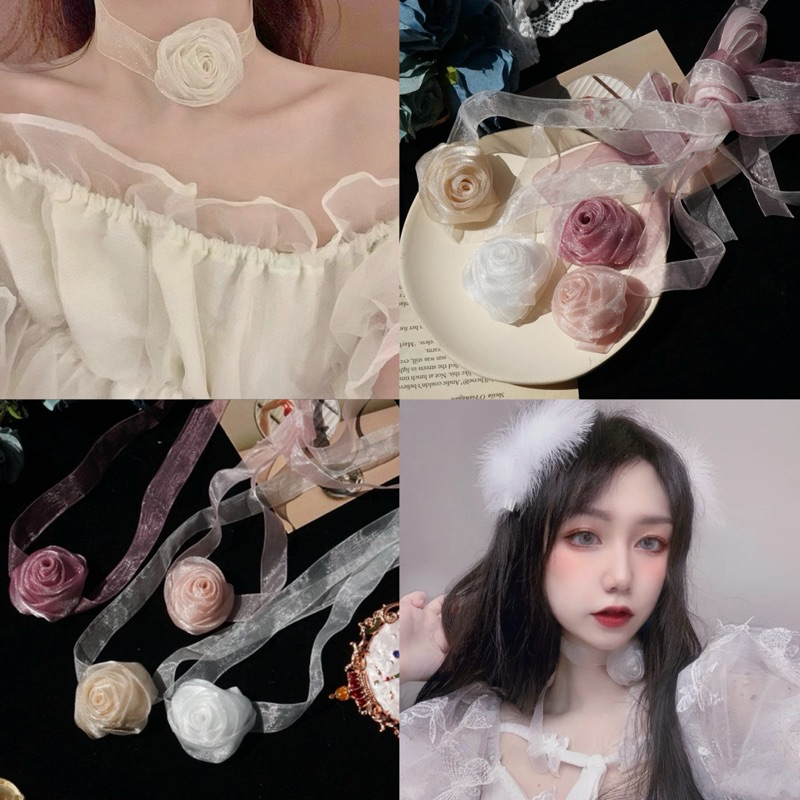 สร้อยคอโชคเกอร์ดอกกุหลาบ สายยาวแบบผูก สไตล์เกาหลี