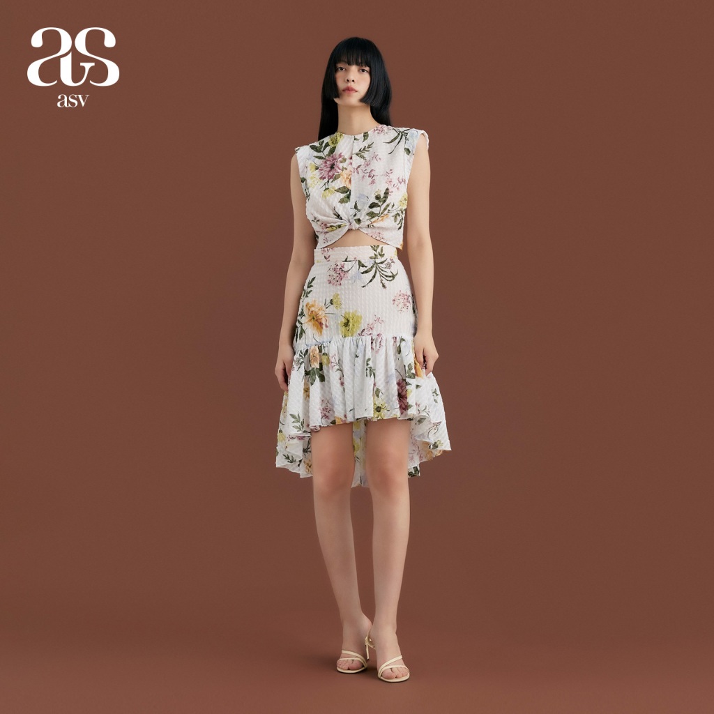 [asv aw24] Daring Dahlias High-Low Skirt กระโปรงผู้หญิง ทรงเลเยอร์หน้าสั้นหลังยาว ผ้าออแกนดี้พิมพ์ลายดอกไม้