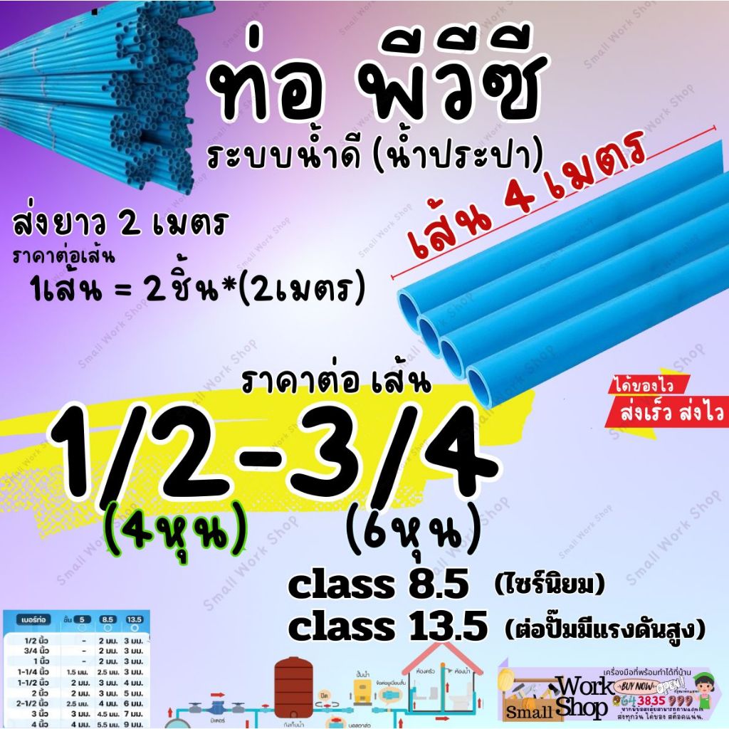 PVC เส้น4เมตร ท่อ พีวีซี PVC 3/4 1/2 4 6 หุน ท่อ น้ำ ดี ประปา ตัดส่ง2 เมตรได้2ท่อน ประหยัด ค่าขนส่ง
