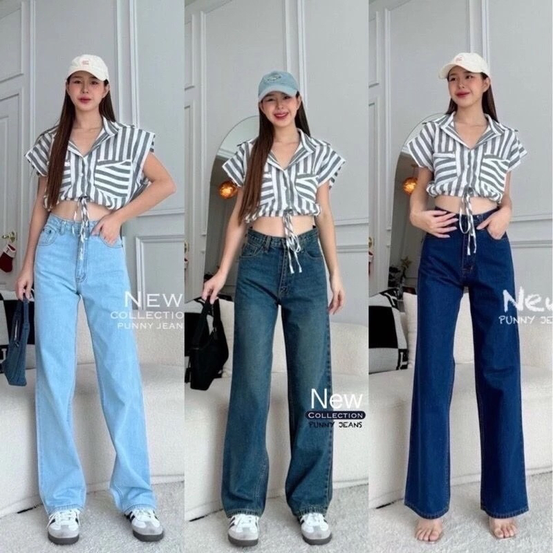 💓 Punny Jeans⚡️⚡️ กางเกงยีนส์ผู้หญิง กระบอก เอวสูงไม่ยืด