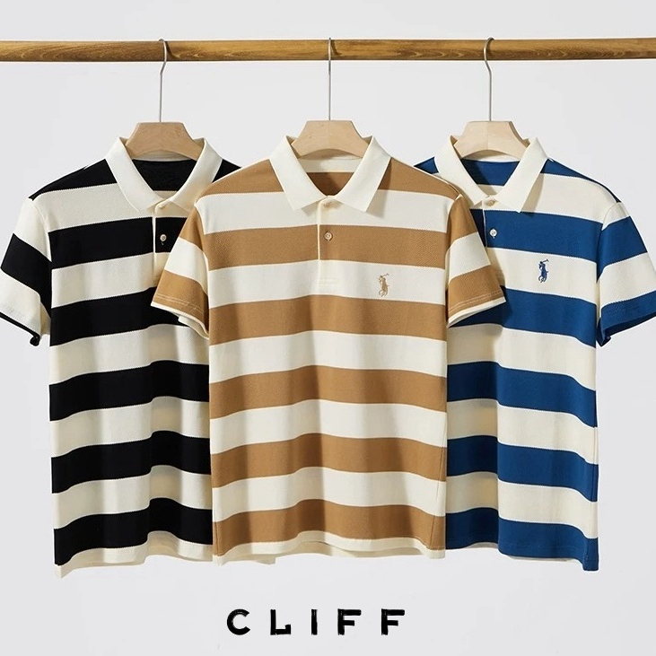 CLIFF เสื้อโปโลผู้ชาย แขนสั้นลายทาง ปกพับ ลำลอง มีสามสีให้เลือก ธุรกิจ สีผสม