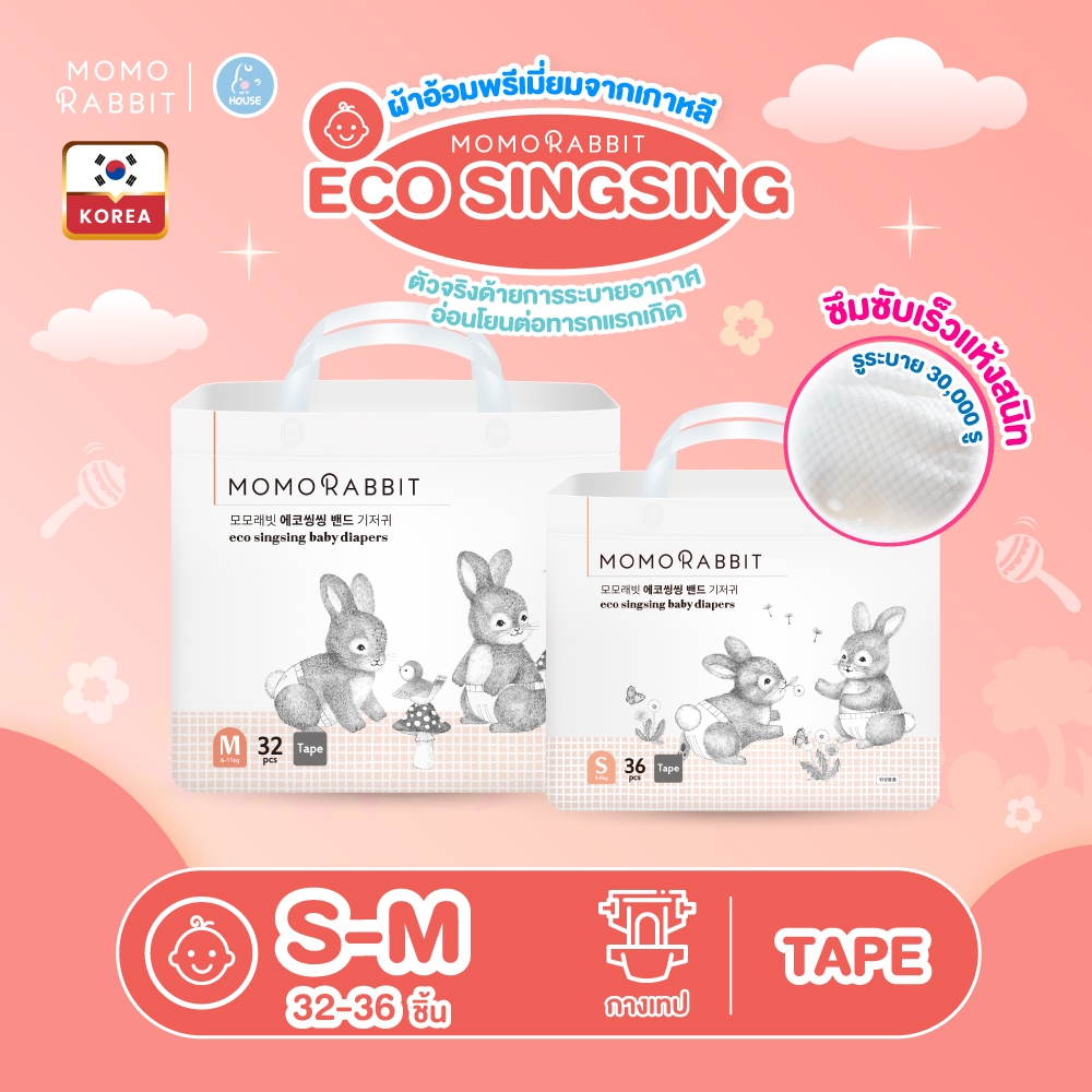 Momo Rabbit ผ้าอ้อมเด็กแบรนด์ดังจากเกาหลี รุ่น Eco Singsing Band แบบเทป