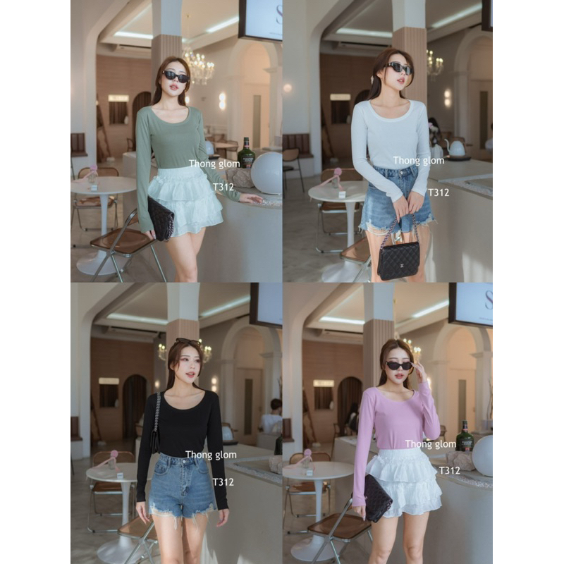 T312 เสื้อแขนยาวคอยู ผ้าฉลุ เนื้อนุ่มใส่สบาย