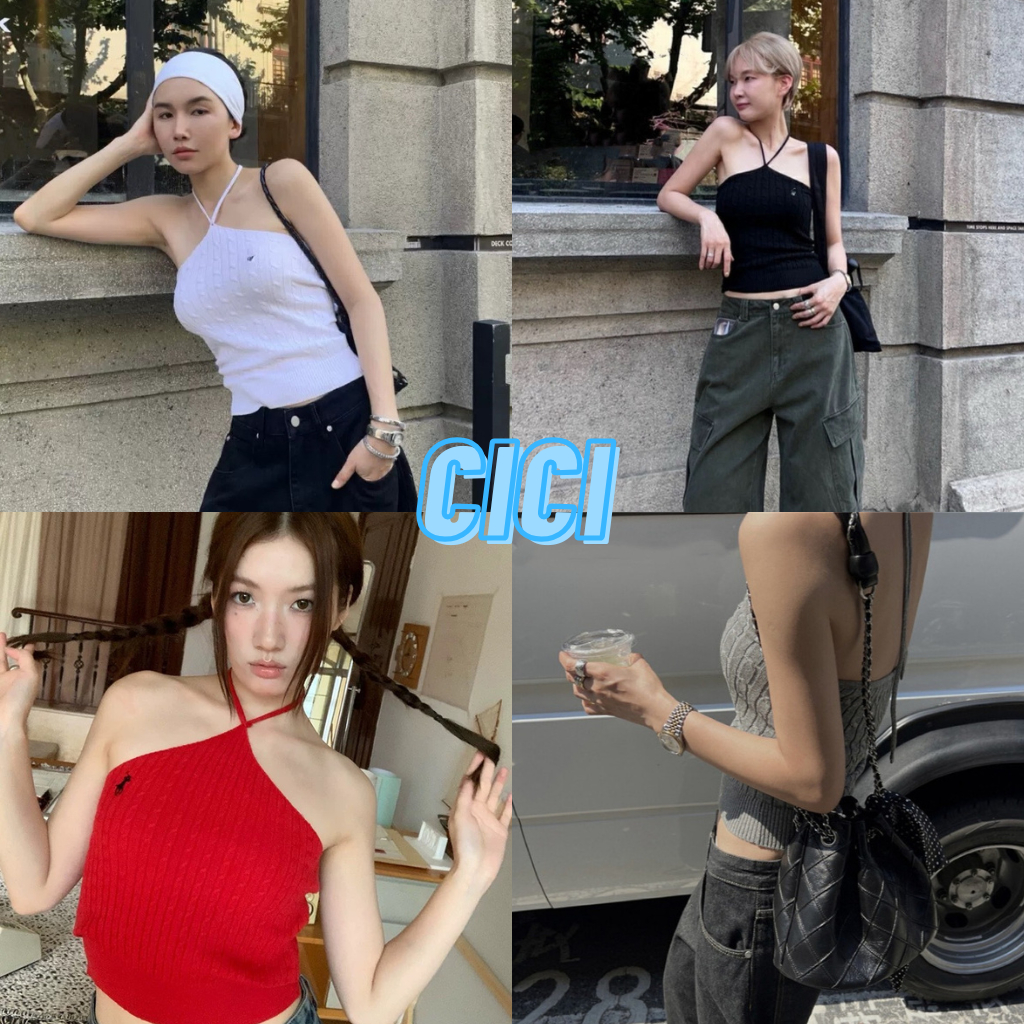 ส่งทันที Cici(NO. E597) เสื้อเกาะอกไหมพรม ดีเทลคล้องคอ สไตล์มาเฟียสเปน
