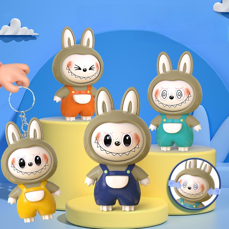 Labubu Face Changing Doll การ์ตูน Q ดีไซน์น่ารัก พวงกุญแจตุ๊กตาเปลี่ยนหน้าใหม่