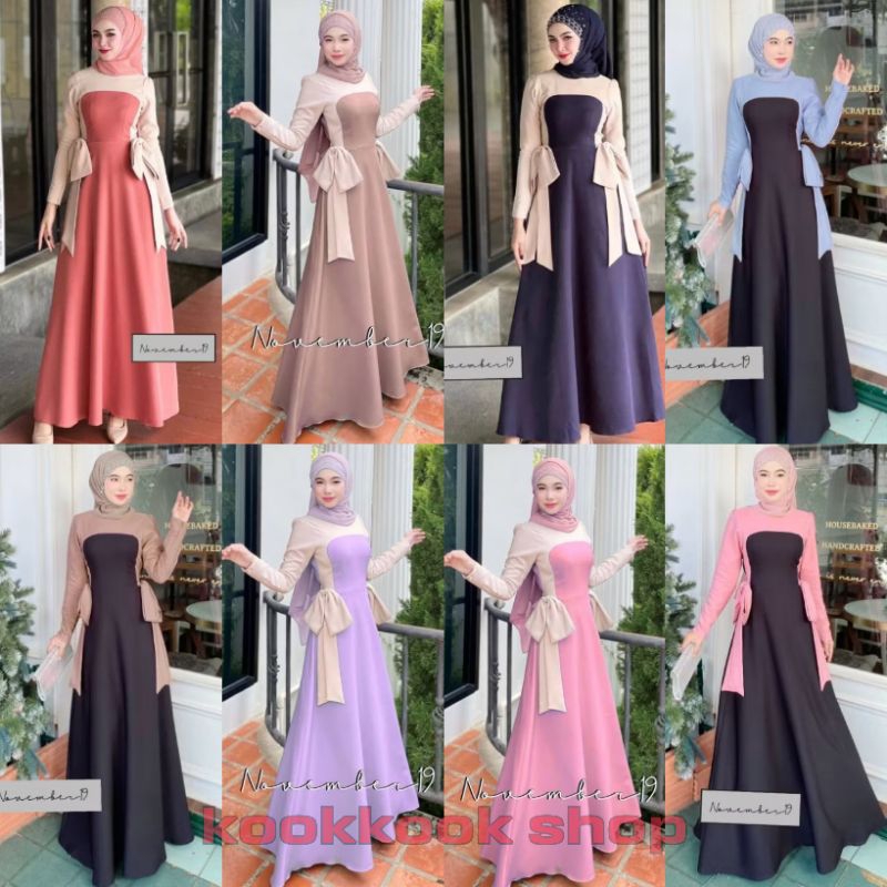 collection ใหม่ล่าสุด!! ชุดเดรสอิสลาม ชุดเดรสมุสลิม เปเป้ ทูโทนโบว์เอว แนนนี่