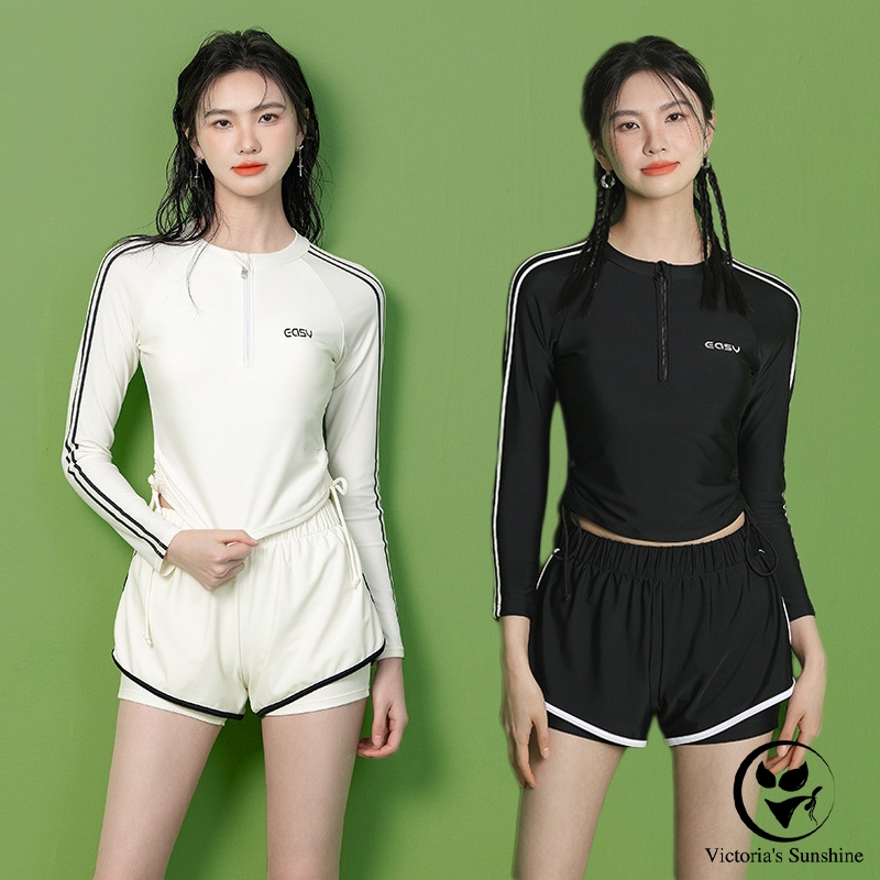 Victoria's Sunshine ชุดว่ายน้ำแขนยาว ทูพีช swimwear ผ้าแห้งไว มีฟองน้ำ สไตล์แฟชั่น summer#0507
