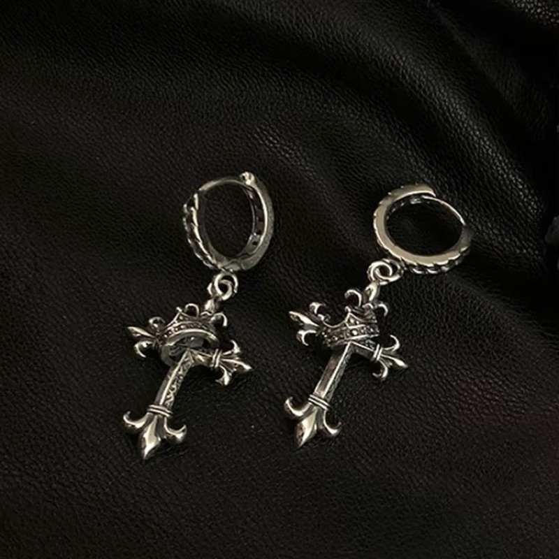 ต่างหูเงินแท้ 925 แบบห่วง ลวดลายไม้กางเขนวินเทจคล้องมงกุฎ 1 คู่ สไตล์ Gothic floral cross