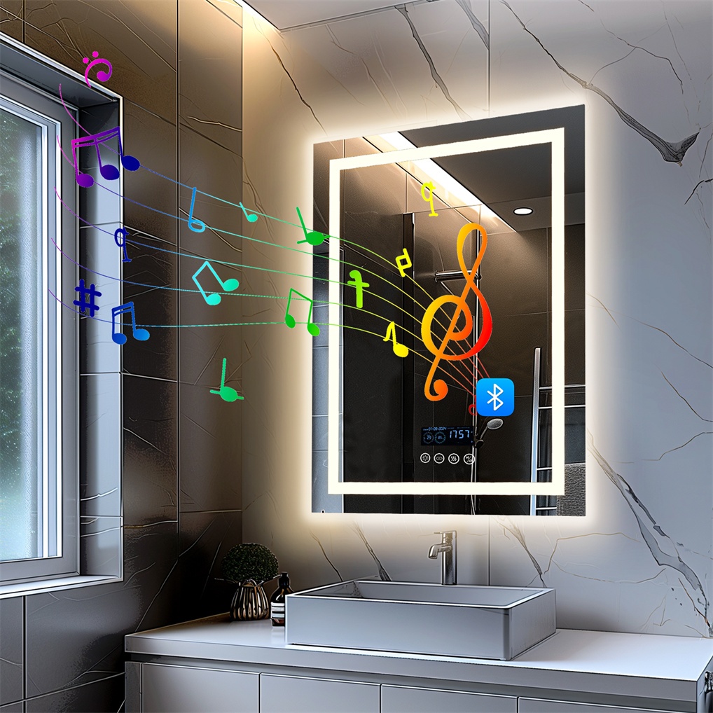 LUVODI กระจกห้องน้ำ LED พร้อมลำโพงบลูทู ธ กระจกแต่งหน้าห้องน้ำพร้อมไฟ 3 สี Bluetooth Bathroom Mirror