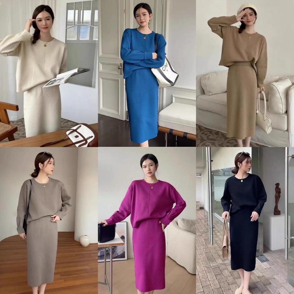 (S378)ชุดเซ็ตเสื้อแขนยาว+กระโปรงสีพื้น378