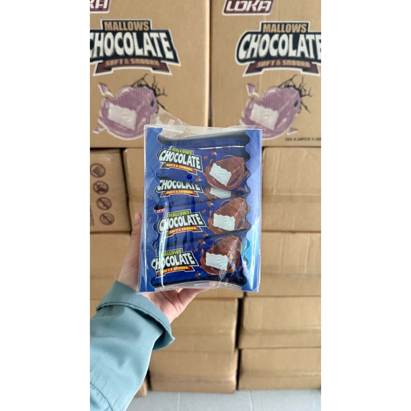 ยกลัง MALLOWS Chocolate soft and smooth มาร์ชเมลโล่ เคลือบช็อกโกแลต 1 ลัง 12 กล่อง กล่องละ 24 ชิ้น
