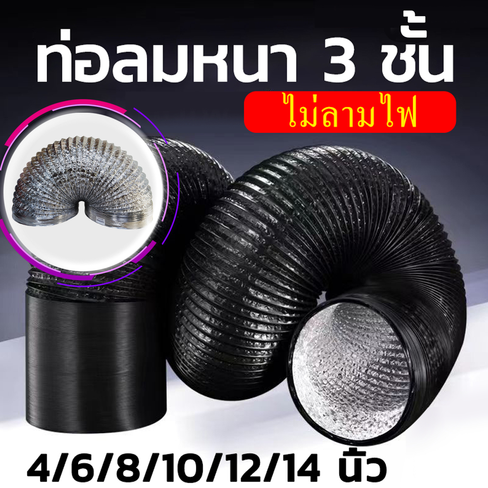 ท่อลมระบายอากาศ ขนาด 4/6/8/10/12/14 นิ้ว ท่ออลูมิเนียมฟอยล์ ท่อลมอลูมิเนียม ท่อยืดหยุ่น ท่อลมร้อน แบบหนา 3 ชั้น ไม่ลามไฟ