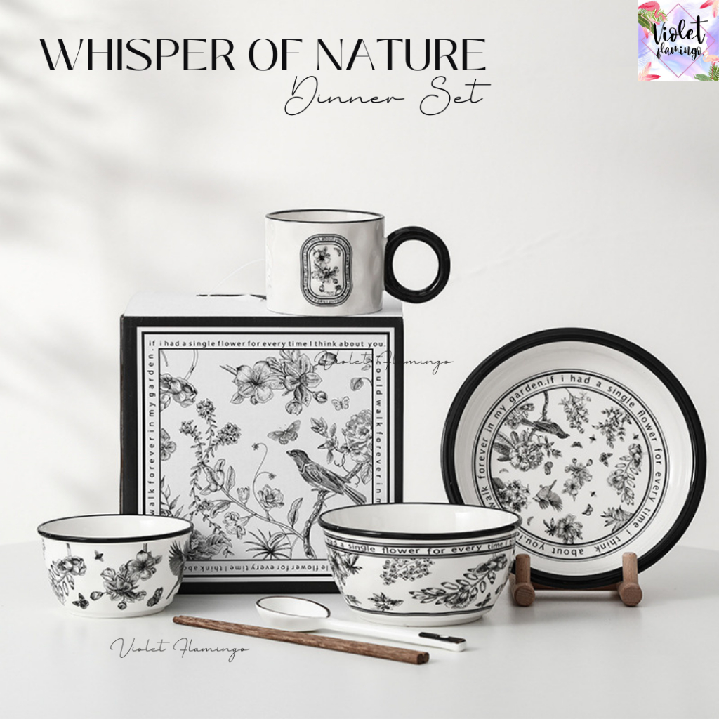 Violet Flamingo เซ็ตของขวัญชุดจานชามเซรามิค รุ่น Whisper of Nature จาน ถ้วย และแก้วมัค เข้าไมโครเวฟไ