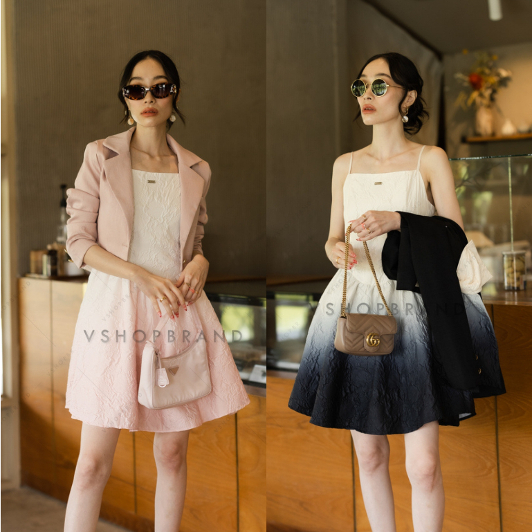 พร้อมส่ง Set เดรสผ้านูนทูโทนไล่สี + ครอปสูทโบว์หลัง งานป้าย vshopbrand