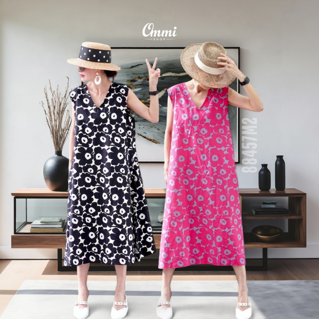 Ommishop 88457M2 ชุดเดรสแฟชั่น คอวีแขนกุด ดอก Mari มารีเมกโกะ Cotton Japan 100% (Bonus)