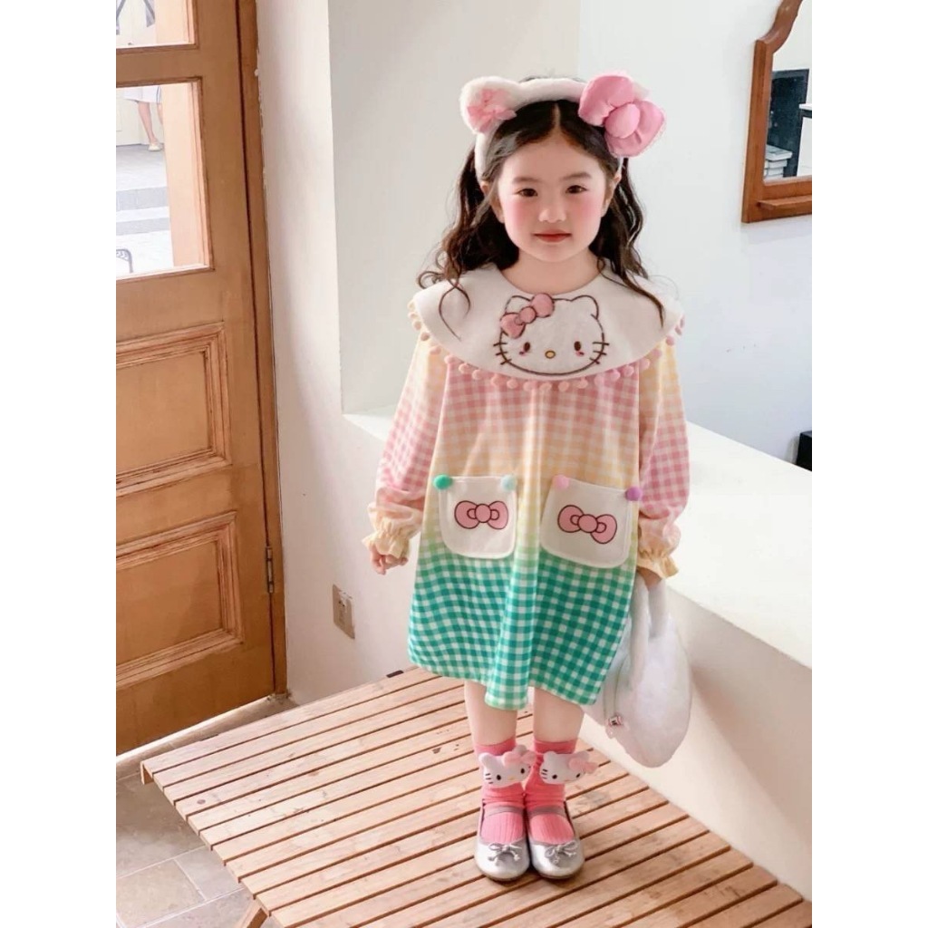 พร้อมส่ง ชุดเดรสลูกสาวแขนยาว ลายสก๊อตสีเรนโบว์ งานปัก คอบัวแต่งตุ้งติ้ง น่ารักกมาก