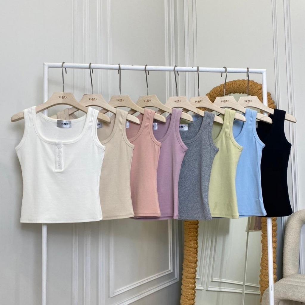 PP2532 เสื้อกล้ามผ้าร่องคอเหลี่ยมแต่งกระดุม ผ้ายืด