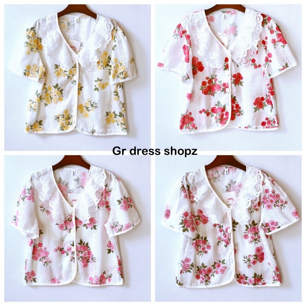 งานป้าย Happy Girl เสื้อผ้าคอตตอนปักฉลุลายกุหลาบทั้งตัวปก 2 ชั้น อก 42 นิ้ว