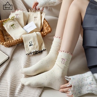 COD❤️ถุงเท้าข้อกลางขอบไม้โบว์สไตล์ญี่ปุ่นหวานกันลื่นดูดซับเห…