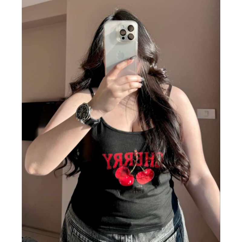 Shein เสื้อสายเดี่ยวผู้หญิง ลายเชอรี่ ป้าย2XL Women, Clothing Lady