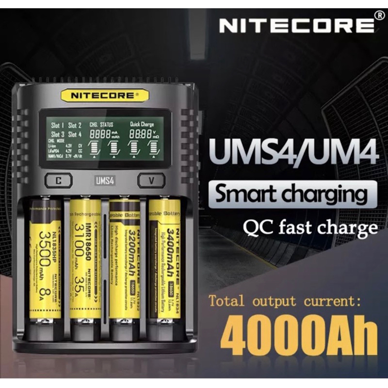 NITECORE UMS4 สี่ช่องแบตเตอรี่อัจฉริยะ USB-C 4A QC Fast CHARGING ที่ยอดเยี่ยมสําหรับ 18650 14500 26650 21700 AA AAA