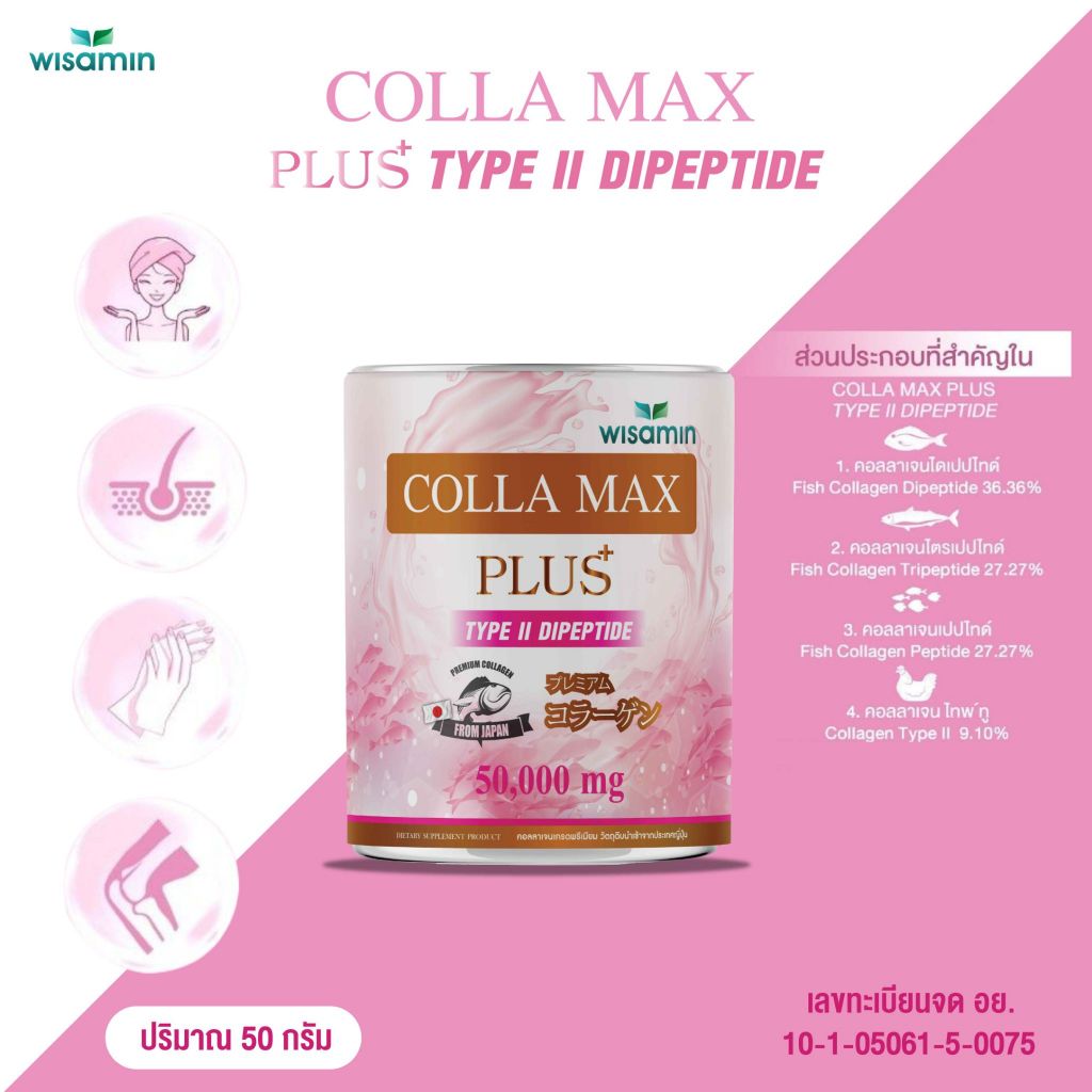 COLLA-MAX PLUS เพียวคอลลาเจน 100% ปริมาณ 50 กรัม คอลล่าแม็กซ์ พลัส ไทพ์ทู ไดเปปไทด์ (ตราวิษามิน) เกรดพรีเมี่ยมจากญี่ปุ่น
