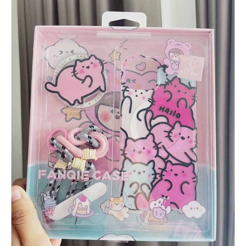 เคสลายน้องแมวชมพูiPhone 15 14 13 12 Pro max Plus ชุด3ชิ้น สายคล้องคละสีGriptok เคสลายการ์ตูนมินิมอล