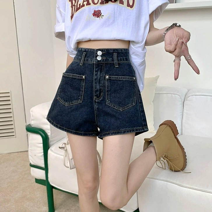 YODO กางเกงยีนส์สั้นเอวสูง S-4XL สีน้ำเงินวินเทจทรงเอ กางเกงขนสั้นสำหรับสาวอวบดูผอม BV83