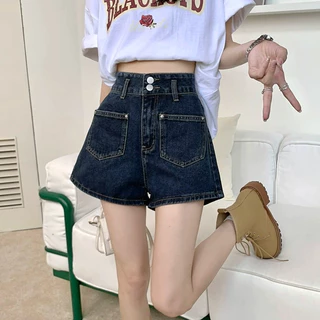 YODO กางเกงยีนส์สั้นเอวสูง S-4XL สีน้ำเงินวินเทจทรงเอ กางเกงขนสั้นสำหรับสาวอวบดูผอม BV83