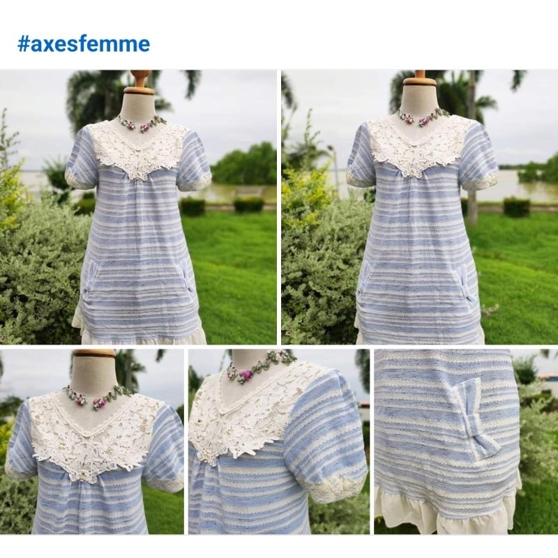 เดรส Axes Femme สีฟ้าสดใส ผ้าทอกึ่งถัก แขนตุ๊กตา มีกระเป๋าทั้ง 2 ข้าง ชายระบายเล็กน้อยพอน่ารัก
