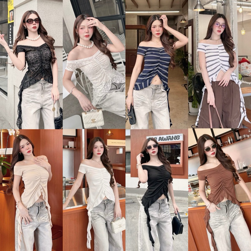 Teera พร้อมส่ง KIKI TOP เสื้อทรงเปิดไหล่ปิดแขนระบายแมงกระพรุนใส่มาดูอำพลางหุ่น ผ่า2 ข้าง แบบ พส.จีน sheeny