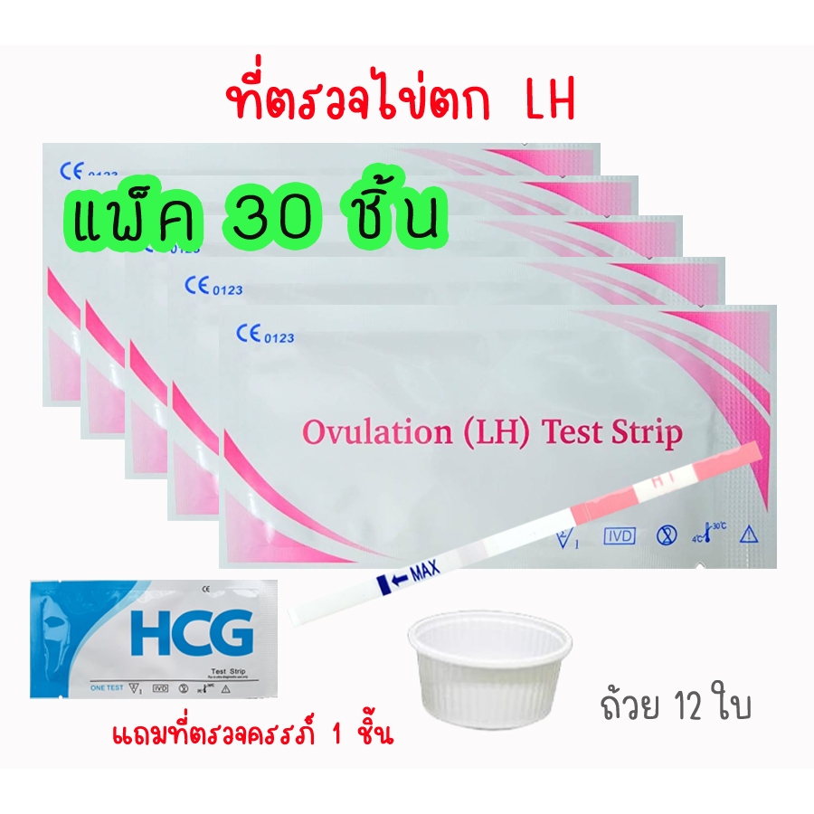 ที่ตรวจไข่ตก LH (จุ่ม 30 ชิ้น) แถมถ้วย 12 ใบ และที่ตรวจครรภ์ จุ่ม 1 ชิ้น