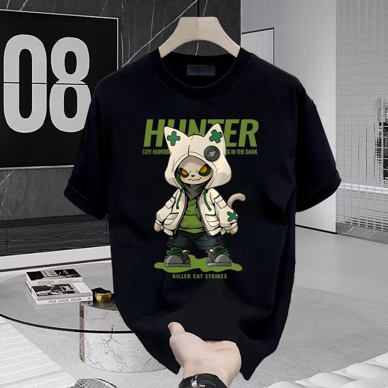 Basi ใหม่ เสื้อยืดแขนสั้น พิมพ์ลาย การ์ตูนเท่ๆ HHNTER ทรงหลวม ผ้าฝ้ายแท้นุ่มนิ่ม งานดี ไม่ย้วย แฟชั่นวียรุ่นสตรีท ฮิปฮอป