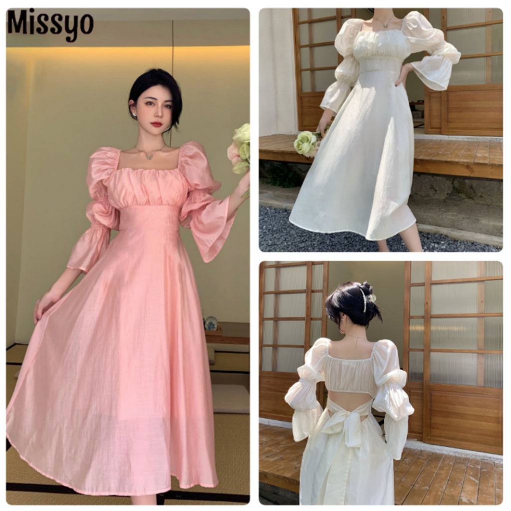Missyo เดรสเอวขาวฝรั่งเศส กระโปรงทรงพัฟ แขนยาว เดรสคอเหลี่ยม