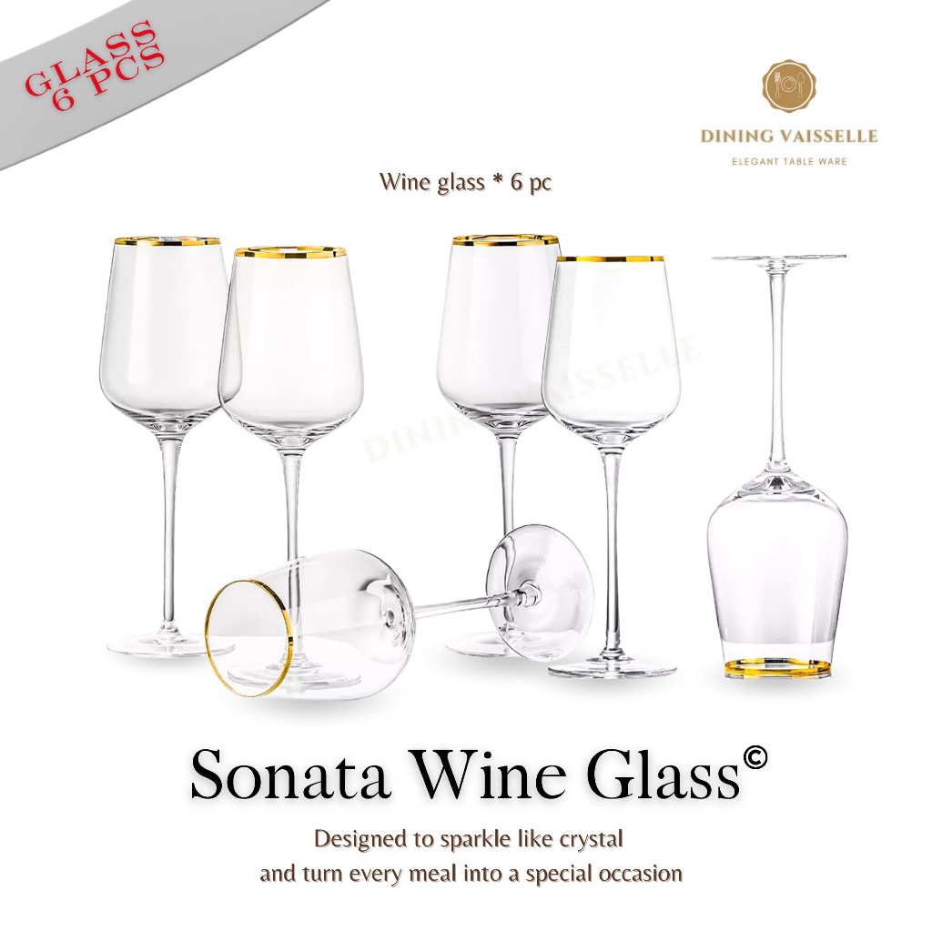 Dining Vaisselle แก้วไวน์Sonata Wine glass ขอบทอง & แก้วน้ำ Sylvia glass ทรงกลมขอบทอง (Pack 4 / 6 / 10 ใบ)