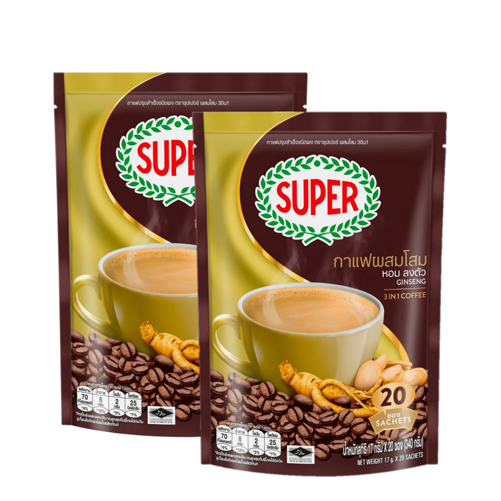 Super Coffee Ginseng 3in1 ซุปเปอร์ กาแฟผสมโสม 17g. x 20ซอง (2แพค)