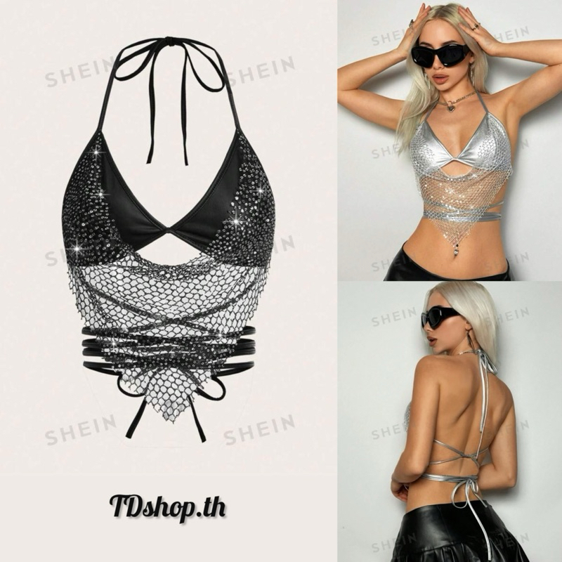 PRE-ORDER 7 วัน SHEIN ICON Glitter Bra Top เสื้อท็อป สายเดี่ยวผูกคอ แต่งเพชร เสื้อเพชร กลิตเตอร์ งานป้ายชีอิน