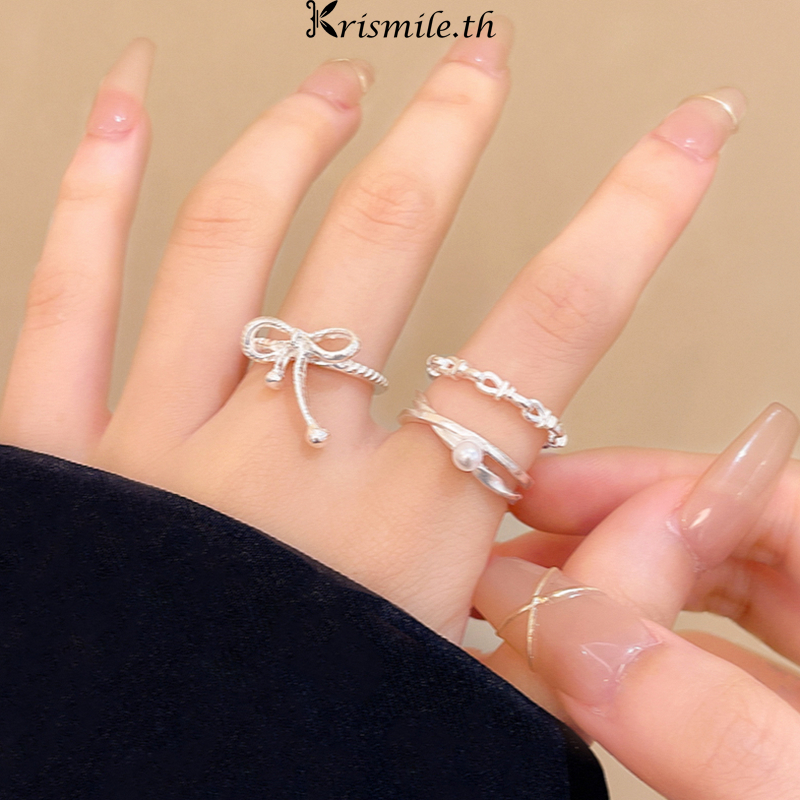 COD-ในไทย แหวน ประดับโบว์ ประดับไข่มุก สไตล์หวานเท่ สไตล์เกาหลี นักเรียนสำหรับผู้หญิง 3ชิ้น/เซต ปรับขนาดได้-Kri