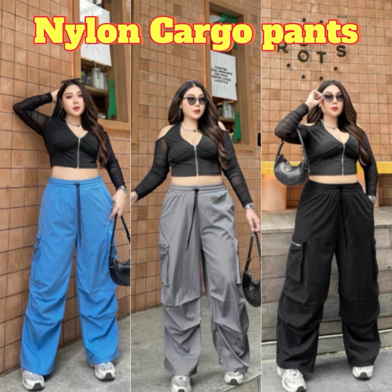 Nylon Cargo pants กางเกงคาร์โก้ผ้าร่ม ดีเทลซิปข้าง เอวสม็อครอบ แต่งจีบเท่ๆ ไซส์ใหญ่