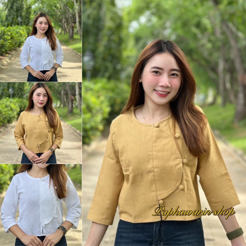 เสื้อพื้นเมืองผ้าฝ้ายคอกลมกระดุมปั๊มแขน 4 ส่วน