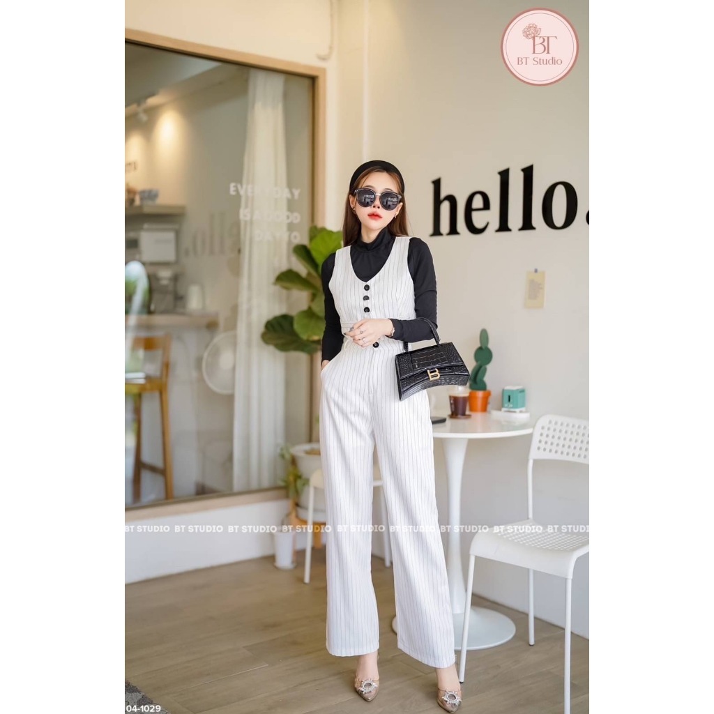 BT 04-1029 เซท 3 ชิ้น เสื้อแขนยาวสีดำผ้ายืดเข้ารูป แต่งเสื้อกั๊ก ติดกระดุมสีดำ ปลายชายหยัก แมทซ์กับก