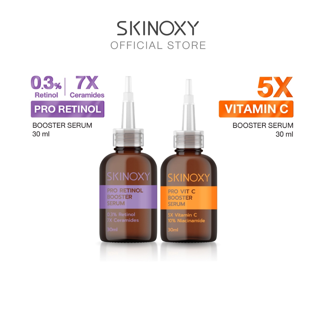 [ แพคคู่สุดคุ้ม ] บูสเตอร์ เซรั่มเข้มข้น Skinoxy Pro Booster Serum VitC & Retinol ขนาด 30ml.