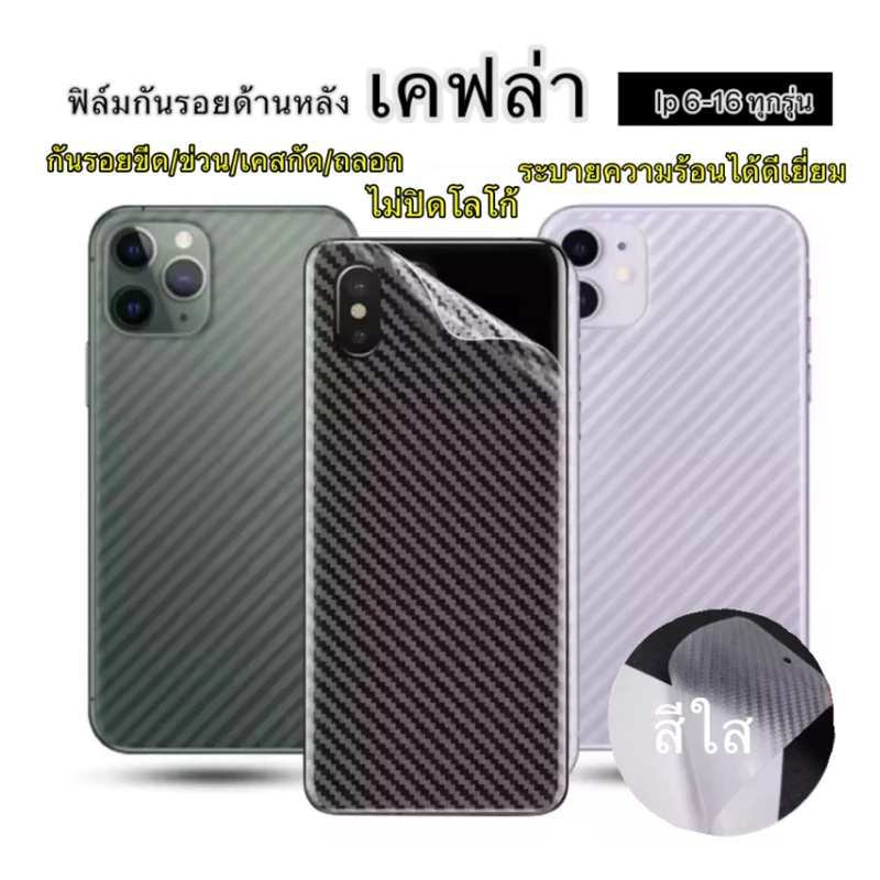 ฟิล์มหลังลายเคฟล่า หุ้มเครื่อง iPhone17pro max 16/16Pro/16Promax/12/12Pro/12Promax/11/11Pro/11Promax 15 15pro กันรอย